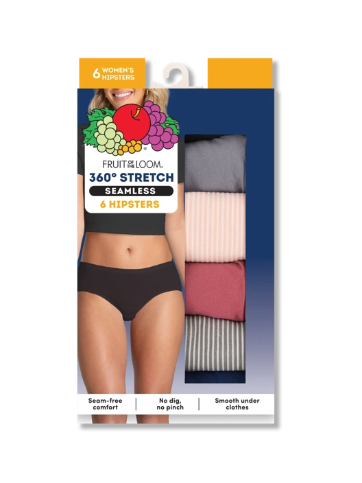 Fruit Of The Loom Women's 360 Stretch Seamless Hipster Panty Assorted 6 Pack