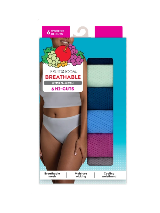 Fruit Of The Loom Women's Breathable Micro-Mesh Hi-Cut Panty Assorted 6 Pack