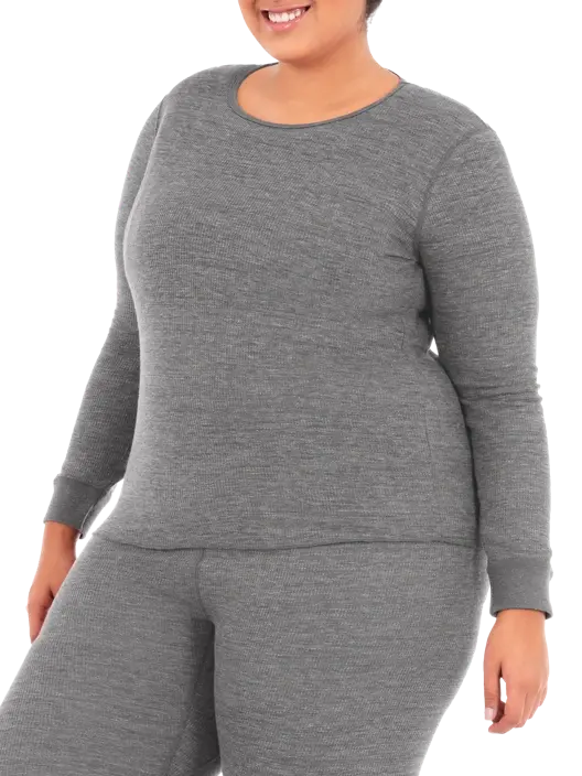 Fruit Of The Loom Women's Plus Size Crew Neck Waffle Thermal Top 2 Pack