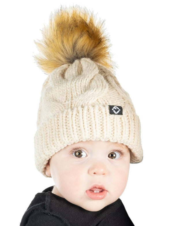 Funky Junque Baby Cable Knit Fleece Lined Pom Beanie By Funky Junque