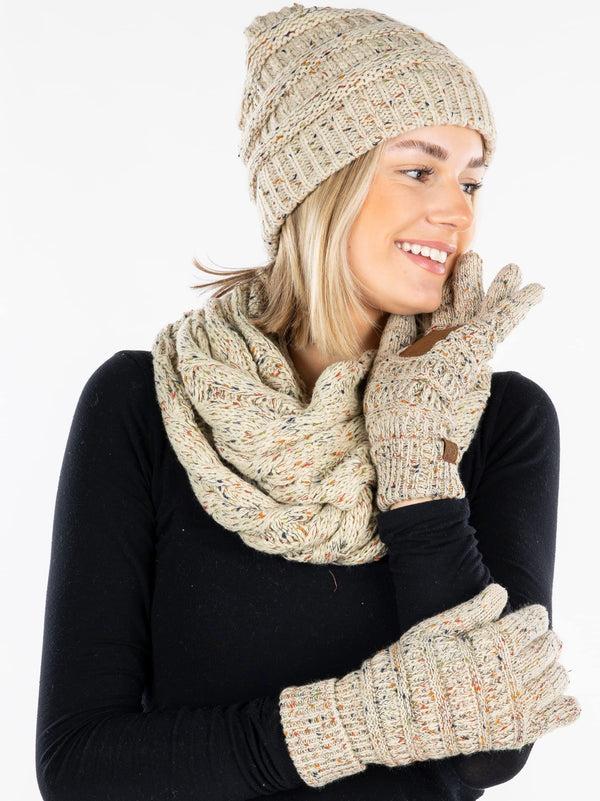 Funky Junque Confetti Matching Infinity Scarf Cable Knit Beanie & Gloves Set By Funky Junque