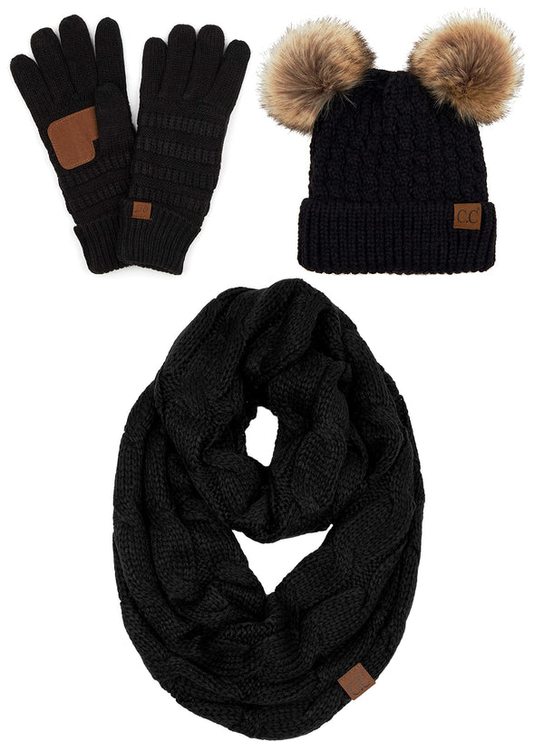 Funky Junque Double Pom Beanie Infinity Scarf & Gloves Matching Set