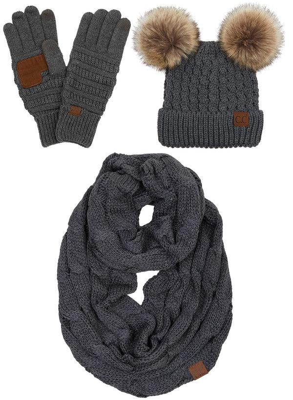 Funky Junque Double Pom Beanie Infinity Scarf & Gloves Matching Set