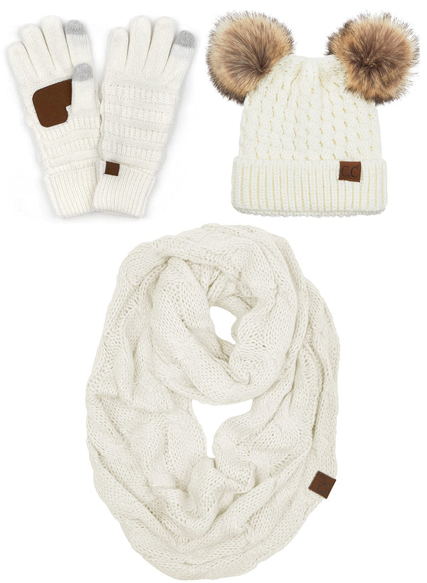 Funky Junque Double Pom Beanie Infinity Scarf & Gloves Matching Set