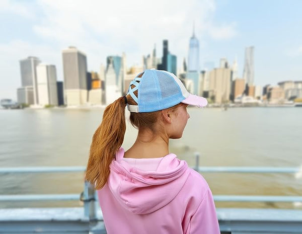 Funky Junque Funky Junque 3 Tone Criss Cross Ponytail Hat - Beige/Light Pink/Light Blue