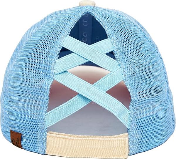 Funky Junque Funky Junque 3 Tone Criss Cross Ponytail Hat - Beige/Light Pink/Light Blue
