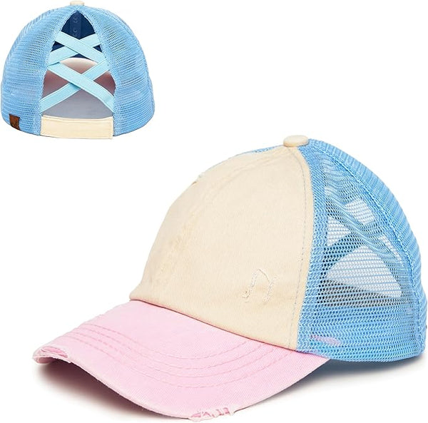 funky junque Funky Junque 3 Tone Criss Cross Ponytail Hat - Beige/Light Pink/Light Blue