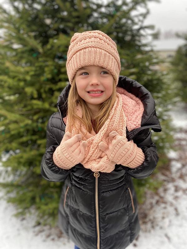 Funky Junque Kids 3 Pack Matching Set: Beanie Infinity Scarf & Gloves - Indi Pink