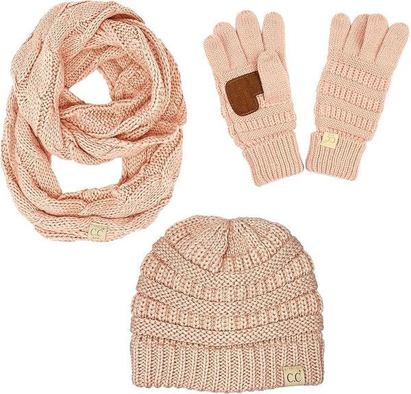 funky junque Kids 3 Pack Matching Set: Beanie Infinity Scarf & Gloves - Indi Pink