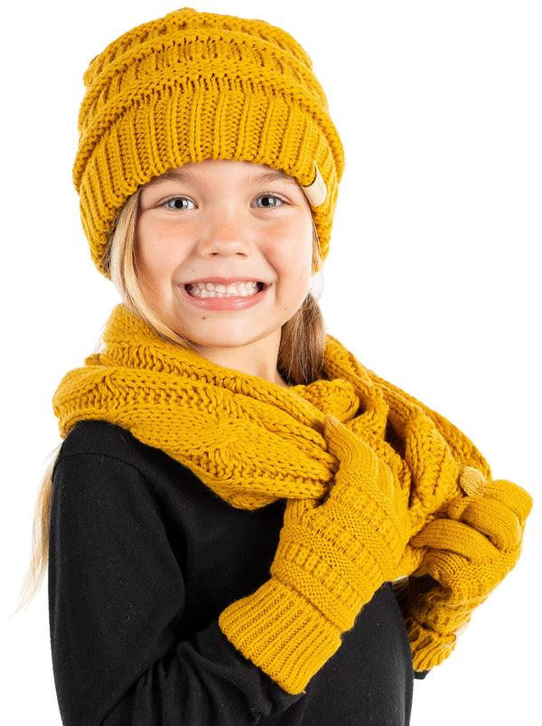 Funky Junque Kids 3 Pack Matching Set: Beanie Infinity Scarf & Gloves - Mustard