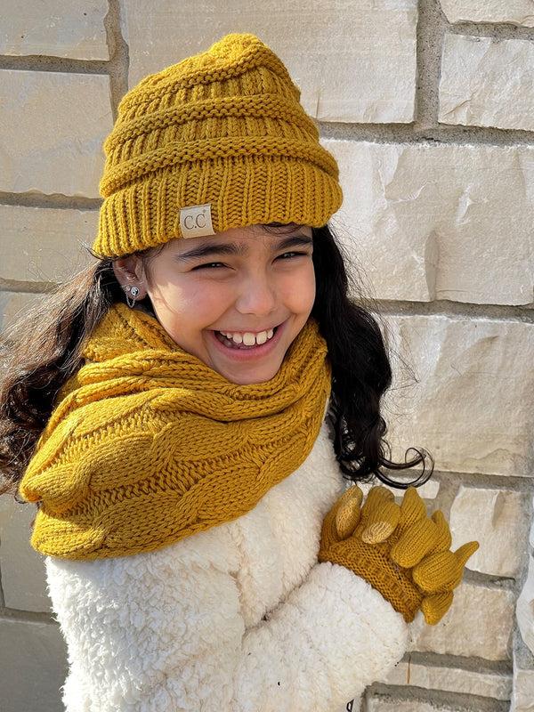 Funky Junque Kids 3 Pack Matching Set: Beanie Infinity Scarf & Gloves - Mustard