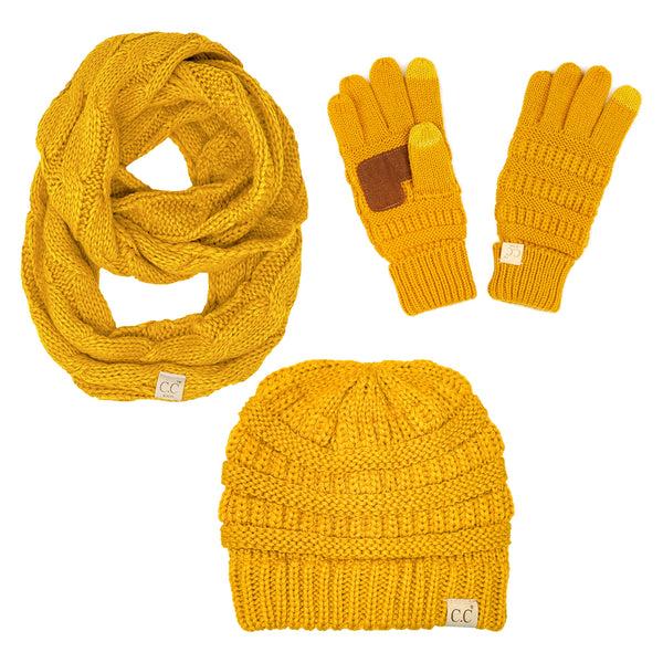 funky junque Kids 3 Pack Matching Set: Beanie Infinity Scarf & Gloves - Mustard
