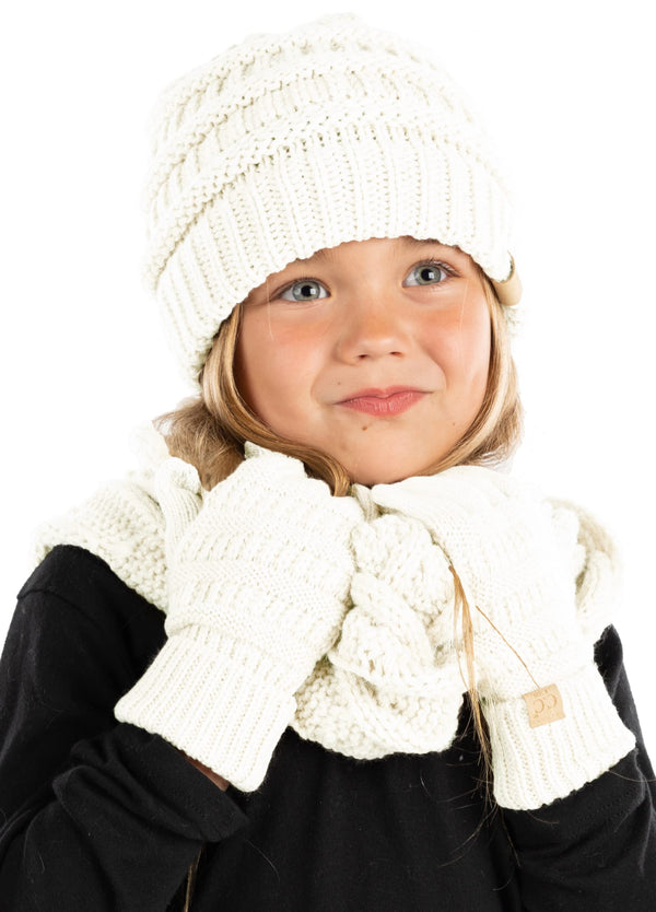 Funky Junque Kids 3 Pack Matching Set: Beanie Infinity Scarf & Gloves - Ivory