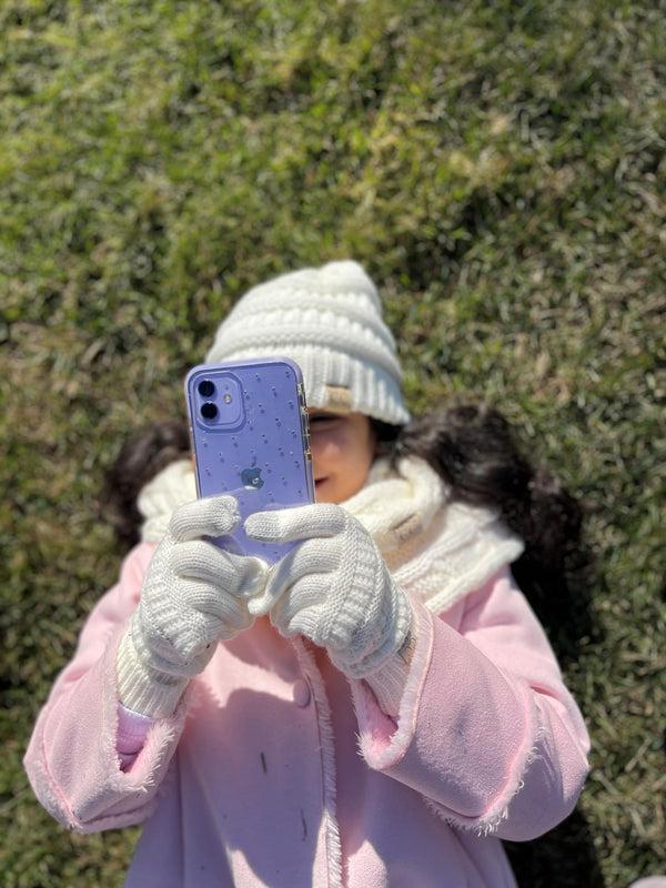 Funky Junque Kids 3 Pack Matching Set: Beanie Infinity Scarf & Gloves - Ivory