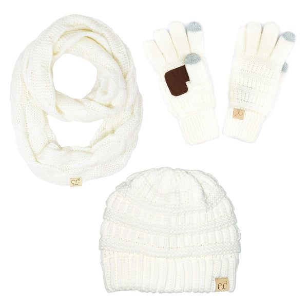 funky junque Kids 3 Pack Matching Set: Beanie Infinity Scarf & Gloves - Ivory