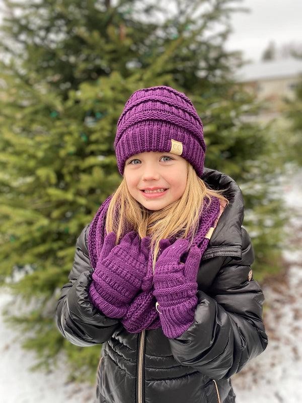 Funky Junque Kids 3 Pack Matching Set: Beanie Infinity Scarf & Gloves - Dark Purple