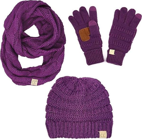 funky junque Kids 3 Pack Matching Set: Beanie Infinity Scarf & Gloves - Dark Purple