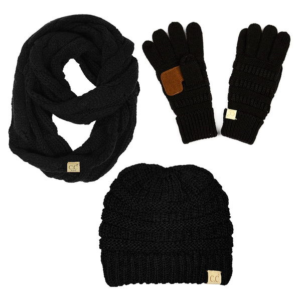 Funky Junque Kids 3 Pack Matching Set: Beanie Infinity Scarf & Gloves - Black