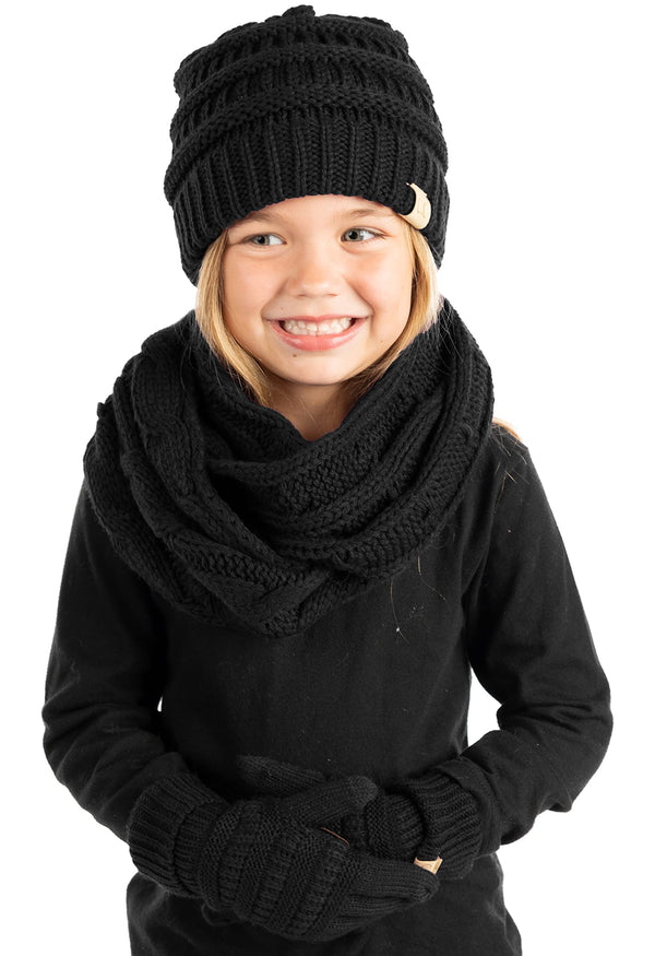 funky junque Kids 3 Pack Matching Set: Beanie Infinity Scarf & Gloves - Black