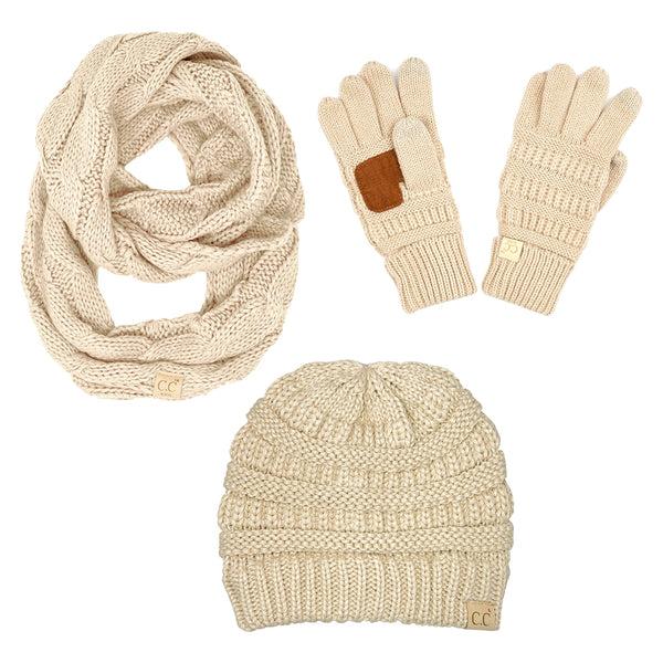 Funky Junque Kids 3 Pack Matching Set: Beanie Infinity Scarf & Gloves - Beige
