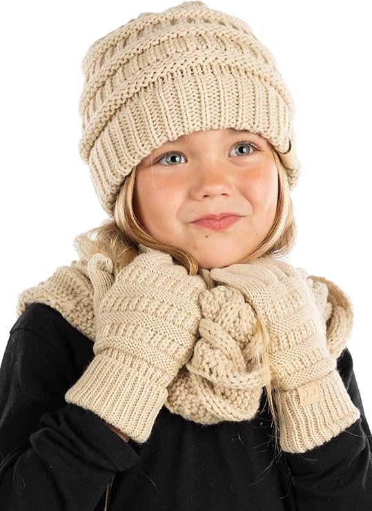 funky junque Kids 3 Pack Matching Set: Beanie Infinity Scarf & Gloves - Beige
