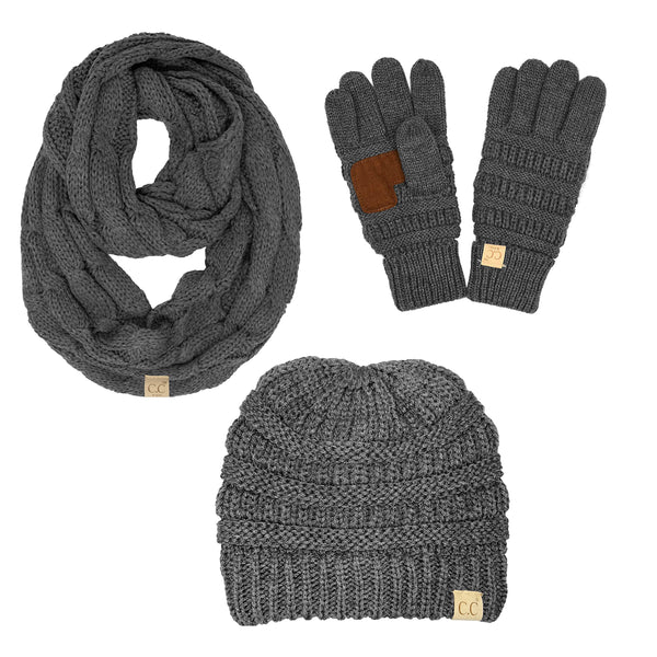 funky junque Kids 3 Pack Matching Set: Beanie Infinity Scarf & Gloves - Charcoal