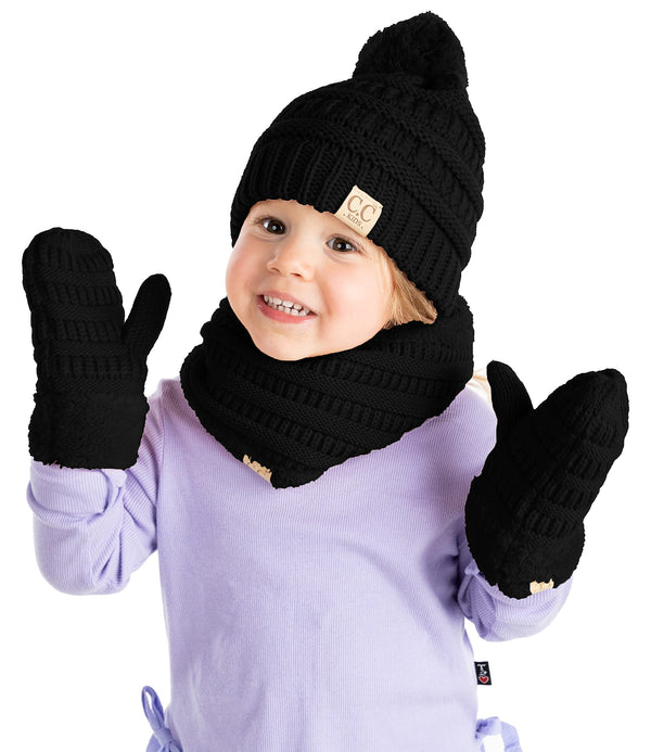 funky junque Kids Matching Pom Beanie Neck Warmer & Mittens Set by Funky Junque