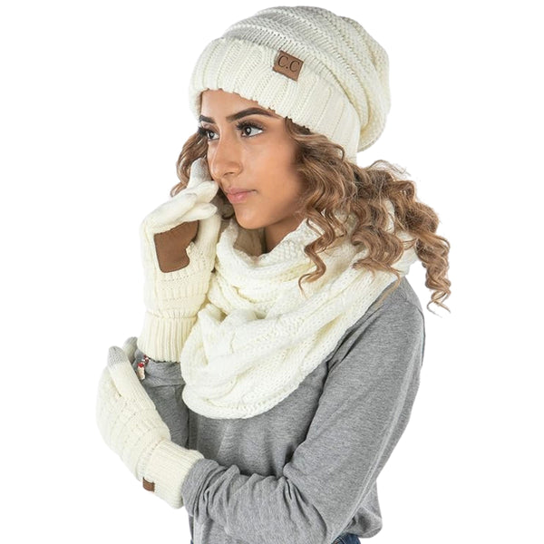 Funky Junque Matching 3 Pack: Oversized Beanie Infinity Scarf & Gloves Set