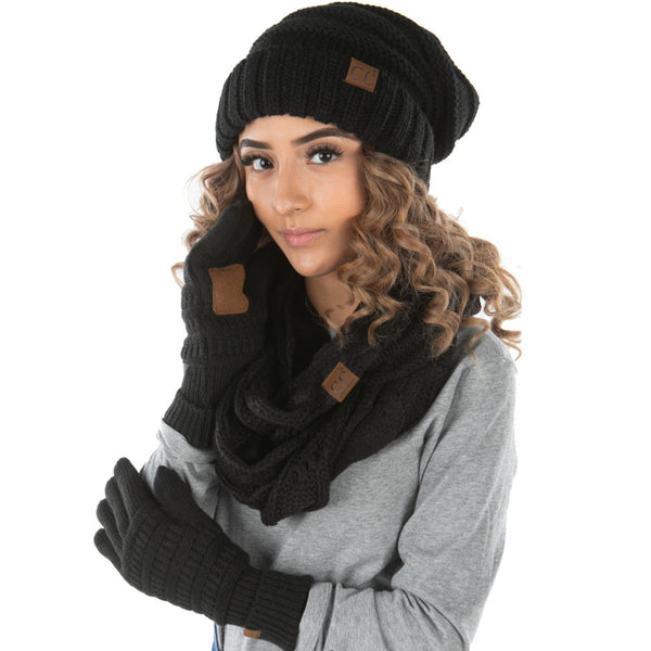 Funky Junque Matching 3 Pack: Oversized Beanie Infinity Scarf & Gloves Set