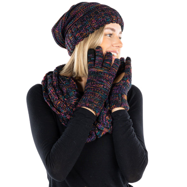 funky junque Matching 3 Pack: Oversized Beanie Infinity Scarf & Gloves Set