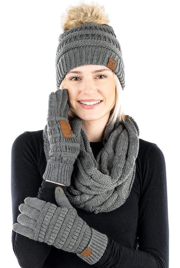Funky Junque Matching 3 Pack: Pom Beanie Infinity Scarf And Gloves Matching Set