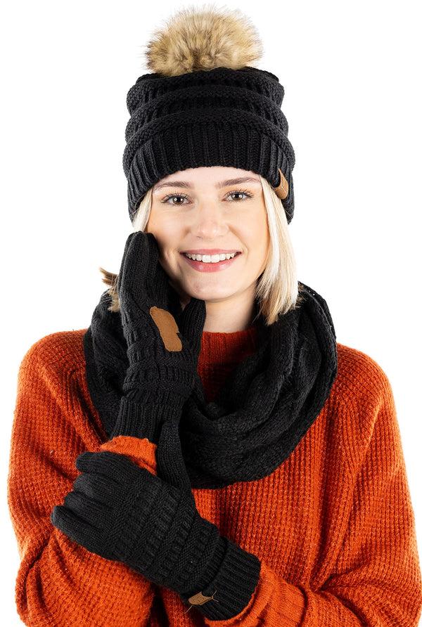 funky junque Matching 3 Pack: Pom Beanie Infinity Scarf and Gloves Matching Set