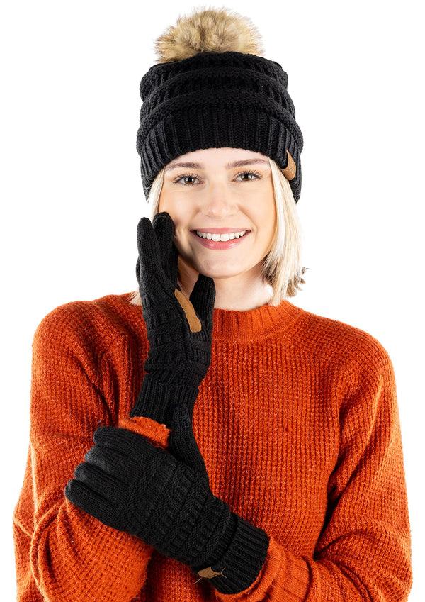 funky junque Pom Beanie & Lined Gloves Set (Natural Pom) by Funky Junque