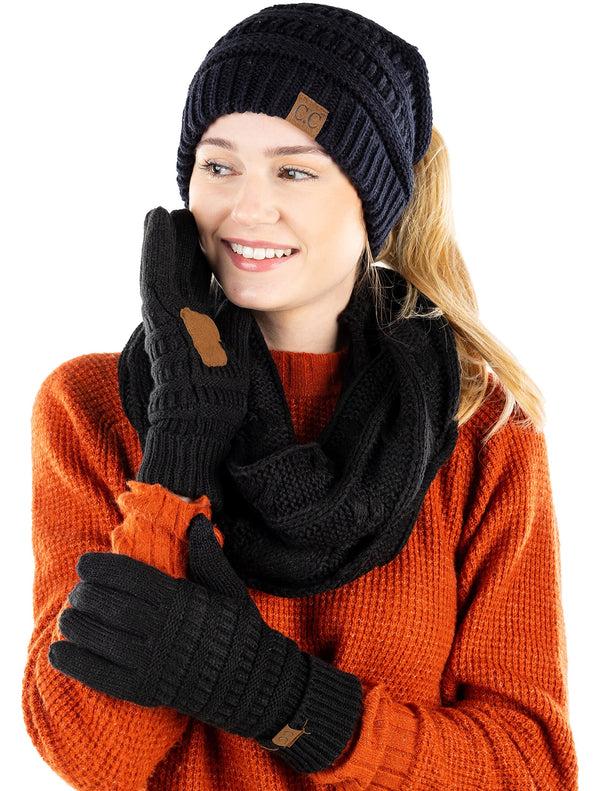 Funky Junque Ponytail Beanie Infinity Scarf & Gloves Matching Set By Funky Junque