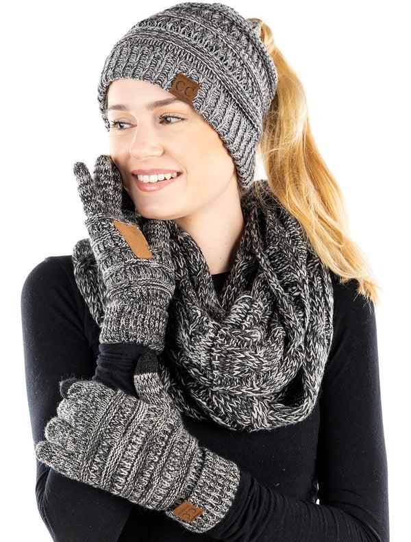 Funky Junque Ponytail Beanie Infinity Scarf & Gloves Matching Set By Funky Junque