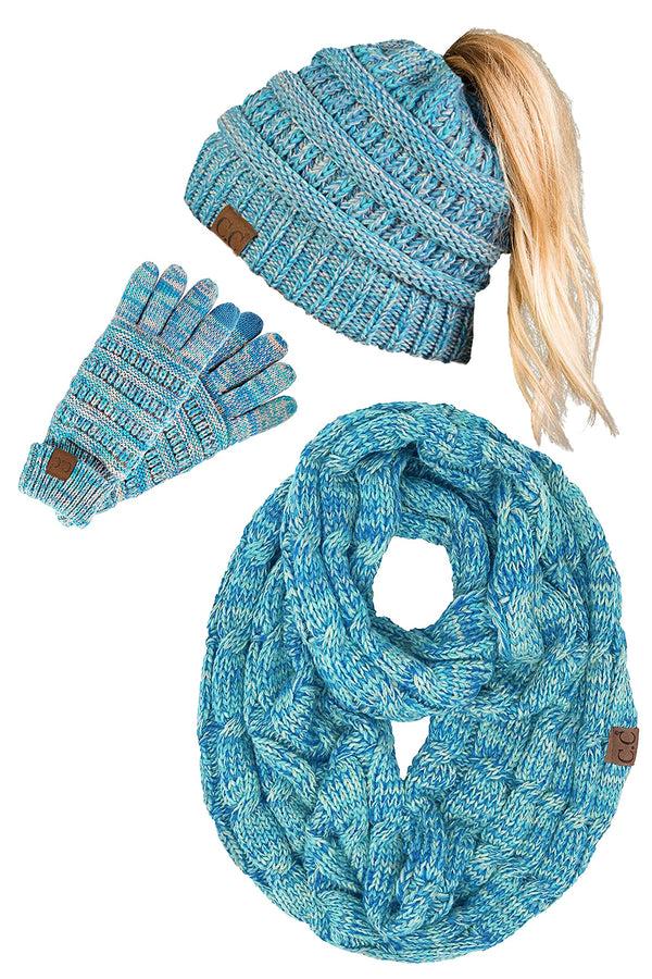 Funky Junque Ponytail Beanie Infinity Scarf & Gloves Matching Set By Funky Junque