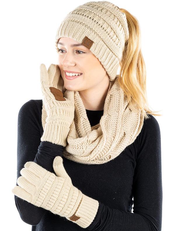 funky junque Ponytail Beanie Infinity Scarf & Gloves Matching Set by Funky Junque