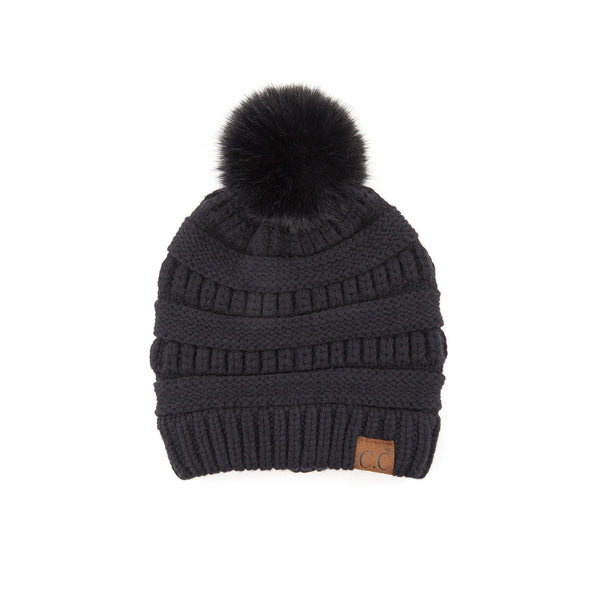 Funky Junque Ribbed Cable Knit Matching Faux Fur Pom Beanie