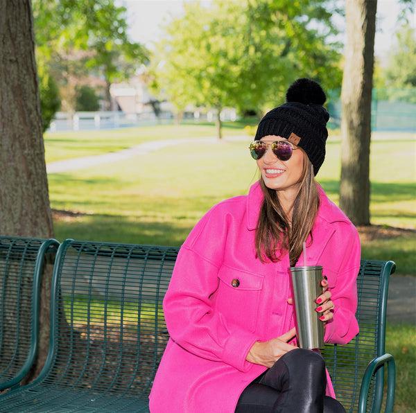 Funky Junque Ribbed Cable Knit Matching Faux Fur Pom Beanie