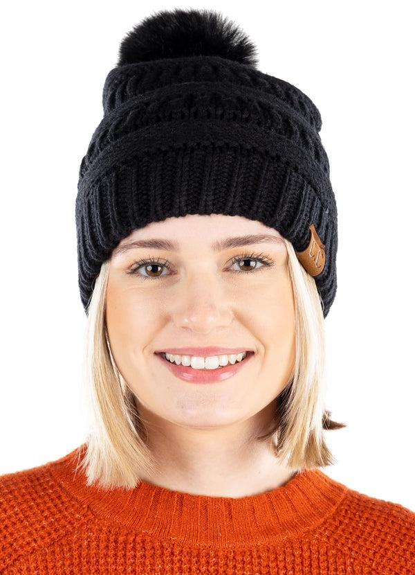 Funky Junque Ribbed Cable Knit Matching Faux Fur Pom Beanie