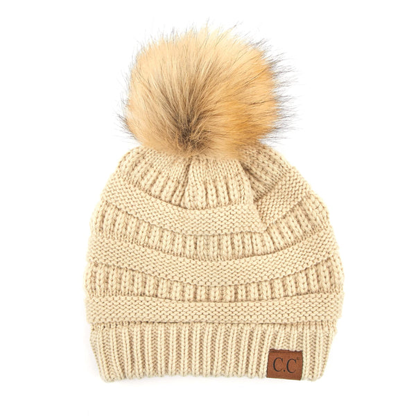 Funky Junque Ribbed Cable Knit Natural Faux Fur Pom Beanie