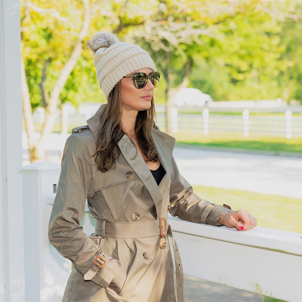 Funky Junque Ribbed Cable Knit Natural Faux Fur Pom Beanie