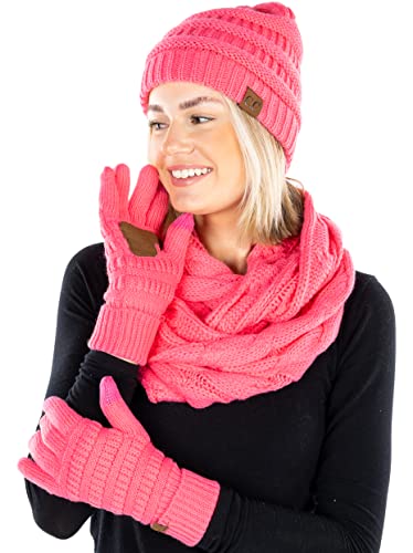 Funky Junque Solid Matching Infinity Scarf Cable Knit Beanie & Gloves Set By Funky Junque