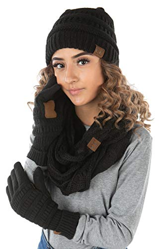 Funky Junque Solid Matching Infinity Scarf Cable Knit Beanie & Gloves Set By Funky Junque
