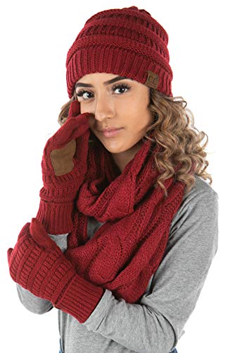 Funky Junque Solid Matching Infinity Scarf Cable Knit Beanie & Gloves Set By Funky Junque
