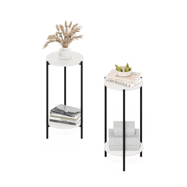 Furinno Furinno Besi 2-Tier Modern Tall Round Side End Table With Sturdy Metal Legs Set Of 2