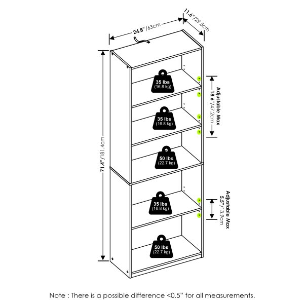 Furinno Furinno Gehry 5-Tier Bookcase Bookshelf With Adjustable Shelves