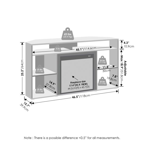 Furinno Furinno Jensen No Heat Decorative Electric Fireplace Corner TV Stand Entertainment Center For TV Up To 55 Inch With 6 Open Compartments