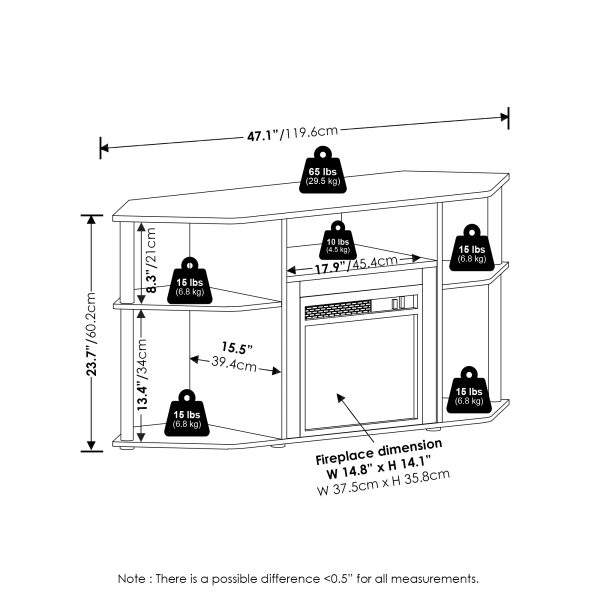 Furinno Furinno Jensen Open Storage Corner Fireplace TV Entertainment Center With Plastic Poles For TV Up To 55 Inch