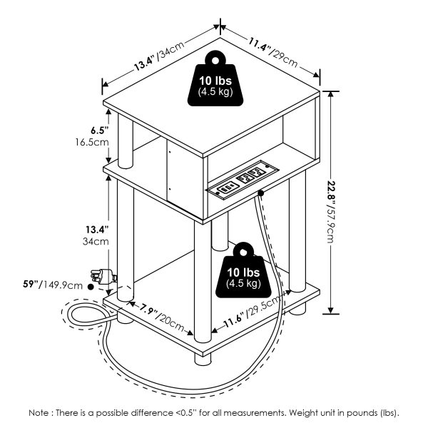 Furinno Furinno Just 3-Tier Turn-N-Tube Open Storage End Table With USB And Type-C Charging Port